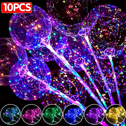 10Pcs New Year Clear LED light Up BoBo Balloons Luminous Bubble Balloon with Light String and Sticks for Wedding Party Decor